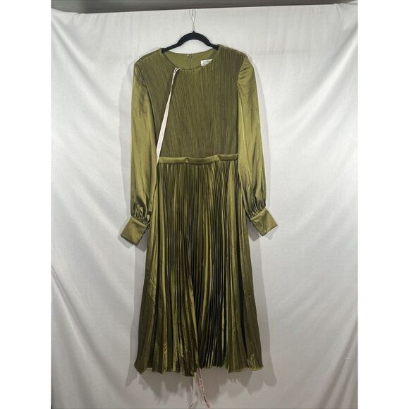 NWD IEENA Mac Duggal [ 12 ] Long Sleeve High Neck Heat Pleated Dress Olive Green - Picture 9 of 16